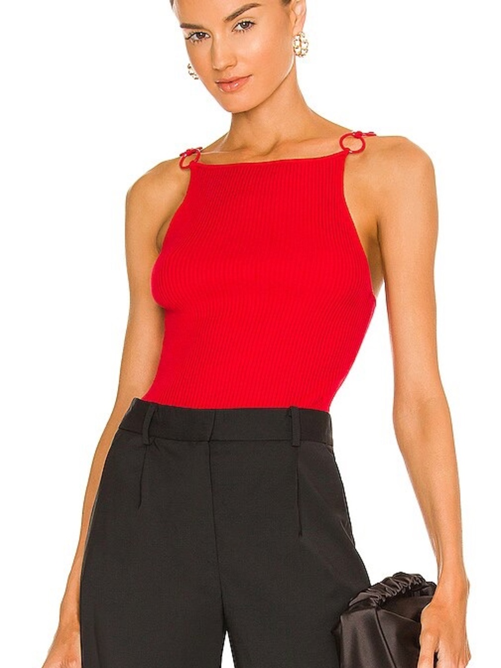 Musier Paris Red Ribbed Halter Camisole with Ring Straps